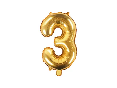 PartyDeco, balon foliowy, w kształcie cyfry 3, złoty, 35 cm