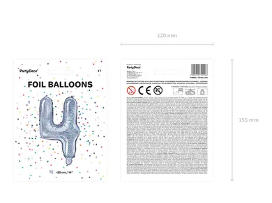 PartyDeco, balon foliowy, w kształcie cyfry 4, 35 cm, holograficzny