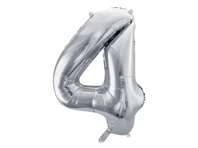 PartyDeco, balon foliowy, w kształcie cyfry 4, srebrny, 86 cm