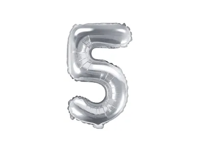 PartyDeco, balon foliowy, w kształcie cyfry 5, 35 cm, srebrny