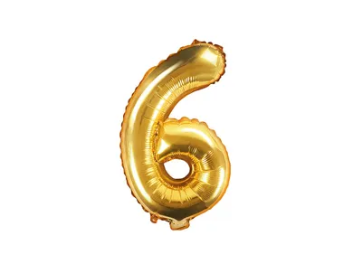 PartyDeco, balon foliowy, w kształcie cyfry 6, złoty, 35 cm