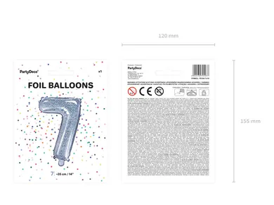 PartyDeco, balon foliowy, w kształcie cyfry 7, 35 cm, holograficzny