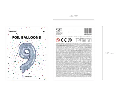 PartyDeco, balon foliowy, w kształcie cyfry 9, 35 cm, holograficzny
