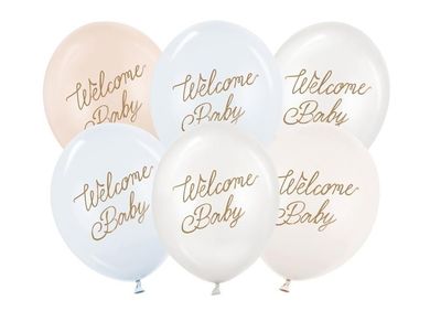 PartyDeco, balony, wzór welcome baby, mix niebieski, 30 cm, 6 szt.