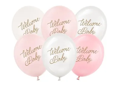 PartyDeco, balony, wzór welcome baby, mix różowy, 30 cm, 50 szt.