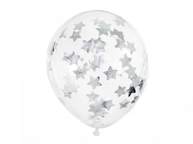 PartyDeco, balony z konfetti, gwiazdki, 30 cm, srebrny, 6 szt.