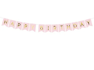 PartyDeco, baner Happy Birthday, jasny różowy, 15-175 cm