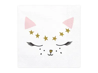 PartyDeco, Meow Party, serwetki papierowe urodzinowe kotek, białe, 33 cm, 20 szt.