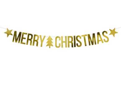 PartyDeco, Merry Xmas, świąteczny baner, biały, złoty, 10,5-150 cm