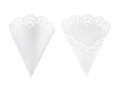 PartyDeco, papierowe rożki na konfetti dla gości weselnych, białe, 20 cm, 10 szt.
