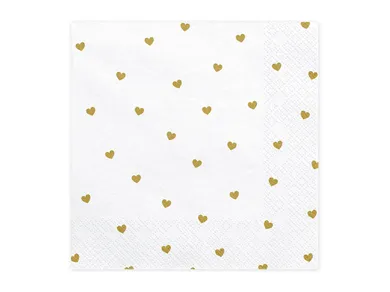PartyDeco, serwetki papierowe na Walentynki lub wesele, złote serca, białe, 33 cm, 20 szt.