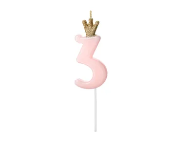 PartyDeco, świeczka urodzinowa, cyferka 3, jasny różowy, 9.5 cm, 1 szt.