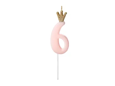 PartyDeco, świeczka urodzinowa, cyferka 6, jasny różowy, 9.5 cm, 1 szt.