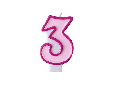 PartyDeco, świeczka urodzinowa na tort, cyferka 3, różowa, 7 cm