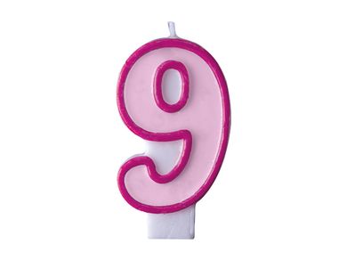 PartyDeco, świeczka urodzinowa na tort, cyferka 9, różowa, 7 cm