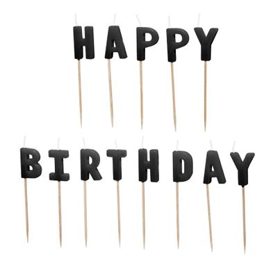 PartyDeco, świeczki urodzinowe, Happy Birthday, czarne, 2.5 cm, 13 szt.