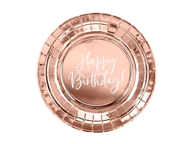 PartyDeco, talerzyki Happy Birthday! różowe złoto, 18 cm, 6 szt.