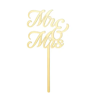 PartyDeco, topper akrylowy na tort, Mr & Mrs, złoty, 16.5 cm