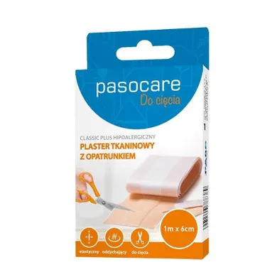 Pasocare, Classic Plus, hipoalergiczny plaster tkaninowy z opatrunkiem, do cięcia, 1m x 6 cm