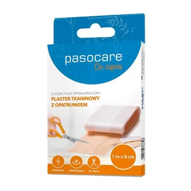 Pasocare, Classic Plus, hipoalergiczny plaster tkaninowy z opatrunkiem, do cięcia, 1m x 8 cm