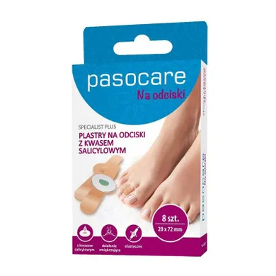 Pasocare, Specialist Plus, plastry na odciski z kwasem salicylowym, 20mmx72mm, 8 szt.