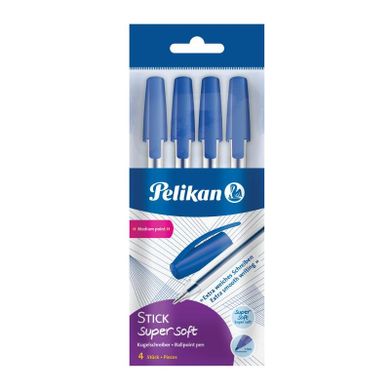 Pelikan, Stick Super Soft, długopis jednorazowy, niebieski, 4 szt.