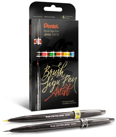 Pentel, Brush Sign Pen Artist, pisaki pędzelkowe, 6 kolorów
