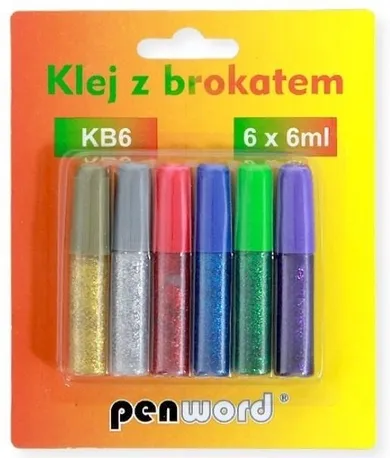 Penword, klej z brokatem, 6 kolorów, 6ml