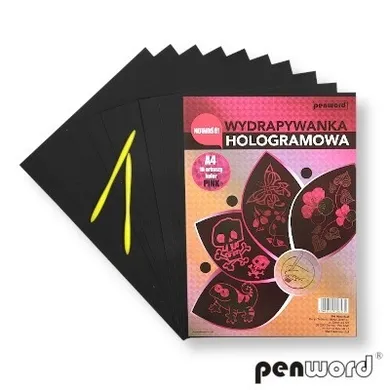 Penword, wydrapywanka hologramowa, różowa, A4, 10 arkuszy + 2 rylce