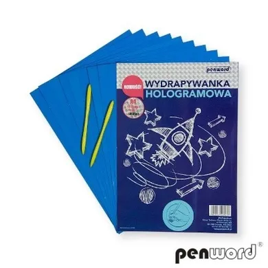 Penword, wydrapywanka hologramowa, srebrno-niebieska, A4, 10 arkuszy + 2 rylce