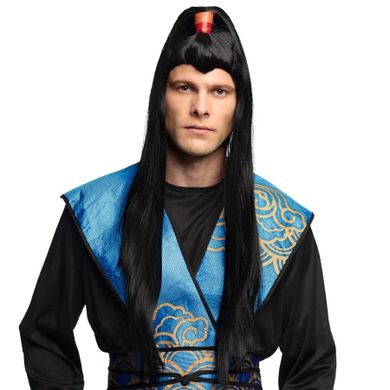 Peruka męska długa czarna z kucykiem, samuraj, wojownik