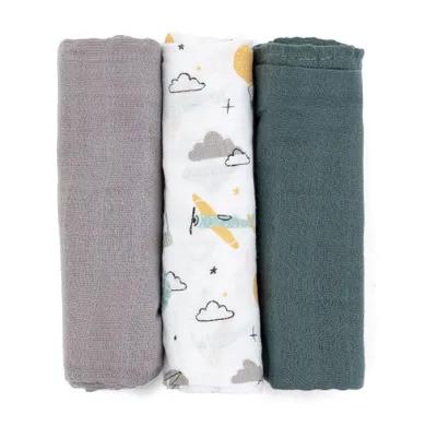 Petite&Mars, zestaw: Moussy, pieluszka z muślinu bambusowego, Grey Planes, 68-68 cm, 3 szt. + Take&Match, silikonowy gryzak, 6m+
