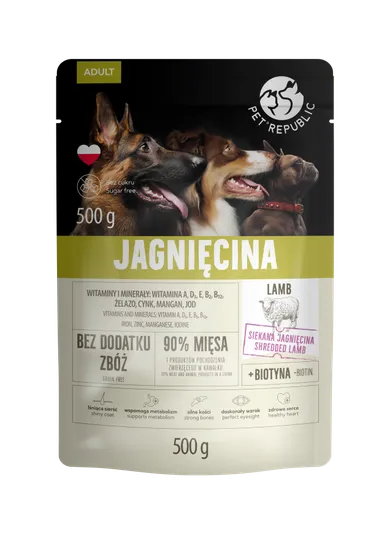 PetRepublic, karma mokra dla psa z jagnięciną, saszetka pouch, 500g, 9 szt.