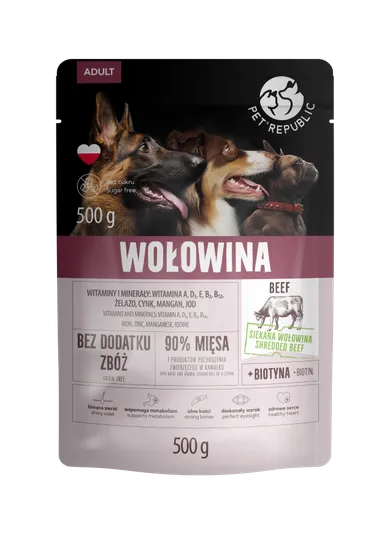PetRepublic, karma mokra dla psa z wołowiną, saszetka pouch, 500g, 9 szt.