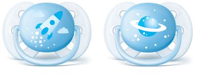 Philips Avent, smoczek uspokajający Ultra Soft, silikonowy, niebieska rakieta, 0-6m, 2 szt.