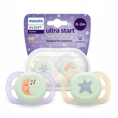 Philips Avent, Ultra Start Nighttime, smoczek uspokajający, 0-2m, 2 szt.