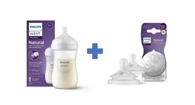 Philips Avent, zestaw: responsywna butelka, Natural, 260 ml + smoczek do butelki, 3m+, 2 szt.