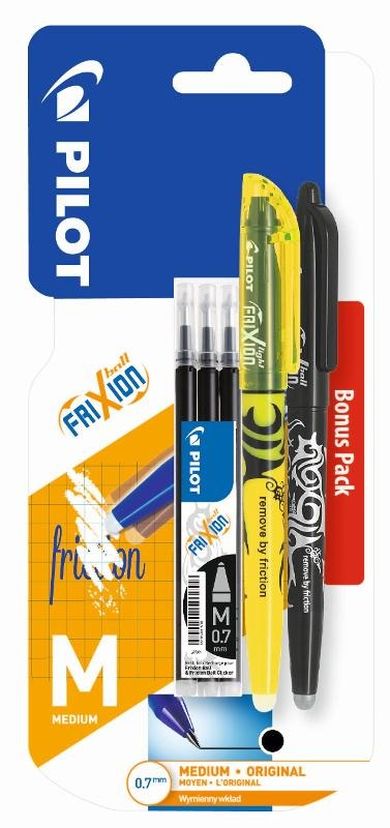 Pilot, Frixion Ball, pióro kulkowe, czarne, 0.7 mm + 3 wkłady + zakreślacz, żółty