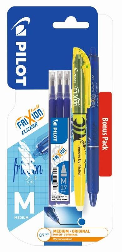 Pilot, Frixion Clicker, pióro kulkowe, granatowe 0.7 mm+ wkład, granatowy, 3 szt. + zakreślacz, żółty