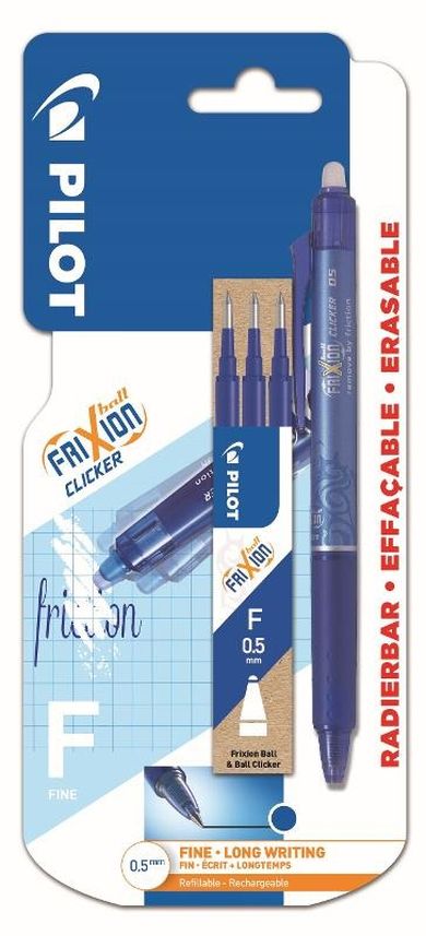 Pilot, Frixion Clicker, pióro kulkowe, niebieskie, 0.5 mm + 3 wkłady
