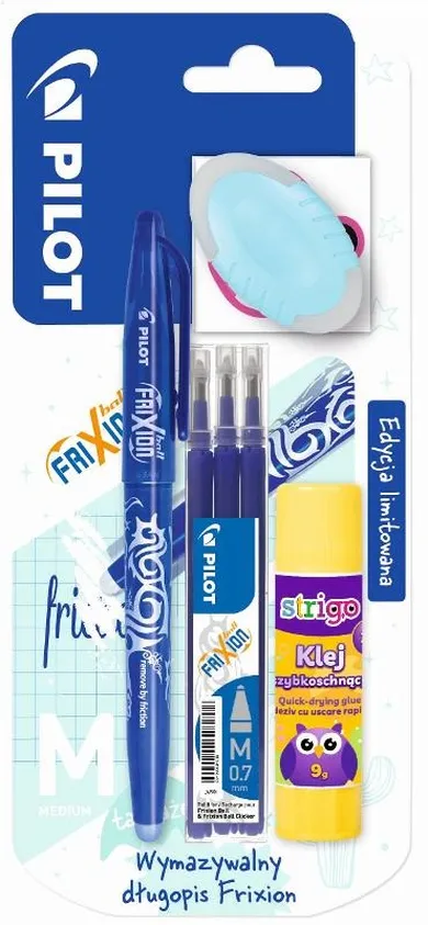 Pilot, Frixion, pióro kulkowe, niebieskie + 3 wkłady + klej szybkoschnący + gumka, owalna