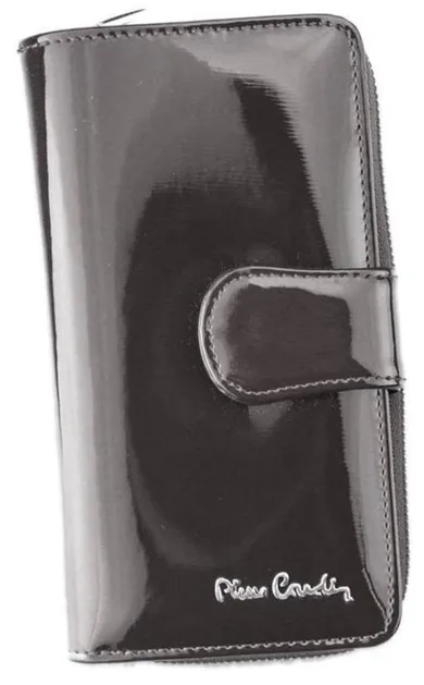 Pionowy, lakierowany portfel damski z opaską na zatrzask, Pierre Cardin
