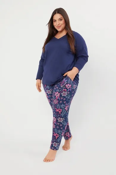 Piżama damska, plus size, granatowa, Folk, Italian Fashion