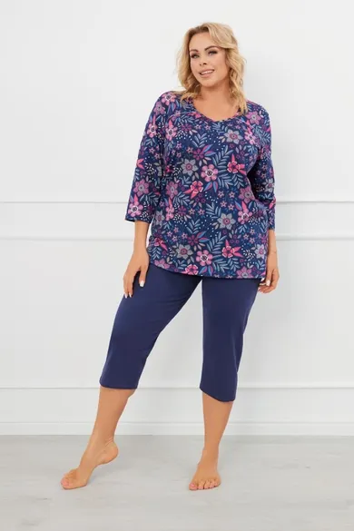 Piżama damska, plus size, granatowa, Italian Fashion