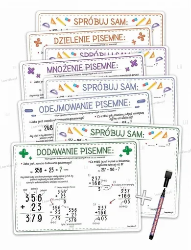 Plansze edu A4 - liczenie pisemne + pisak 4 karty