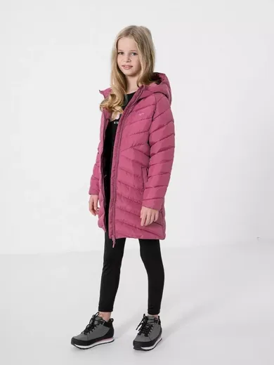 Płaszcz dziewczęcy z kapturem, różowy, 4F