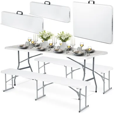 Plonos, zestaw cateringowy ogrodowy składany stół + 2 ławki, biały, 180 cm