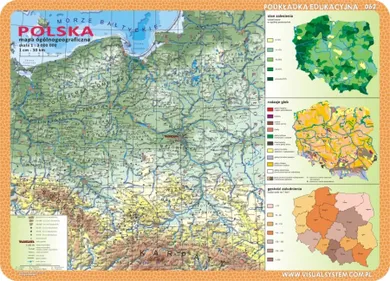 Podkładka na biurko, mata, dwustronna, mapy Polski: zalesienia, gęstość zaludnienia, administracyjno-drogowa Polski z herbami i danymi województw