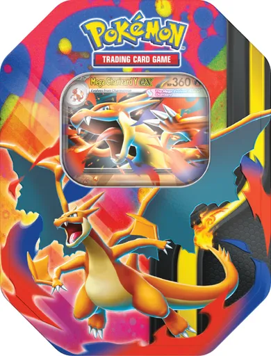 Pokemon TCG: Mega Charizard Tin, Mega Charizard Y ex, puszka z boosterami, gra karciana, dodatek