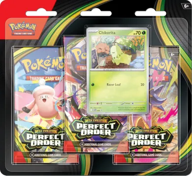Pokemon TCG: Mega Evolution, Perfect Order, 3-Pack Blister, Chikorita, gra karciana, dodatek